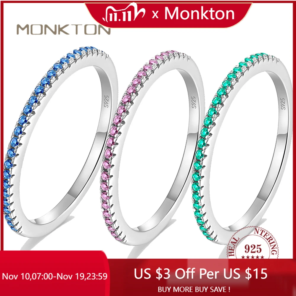 

Monkton 1.3mm 925 Sterling Silver Color CZ Simulated Diamond Stackable Wedding Ring Platinum Plated Eternity Bands for Women