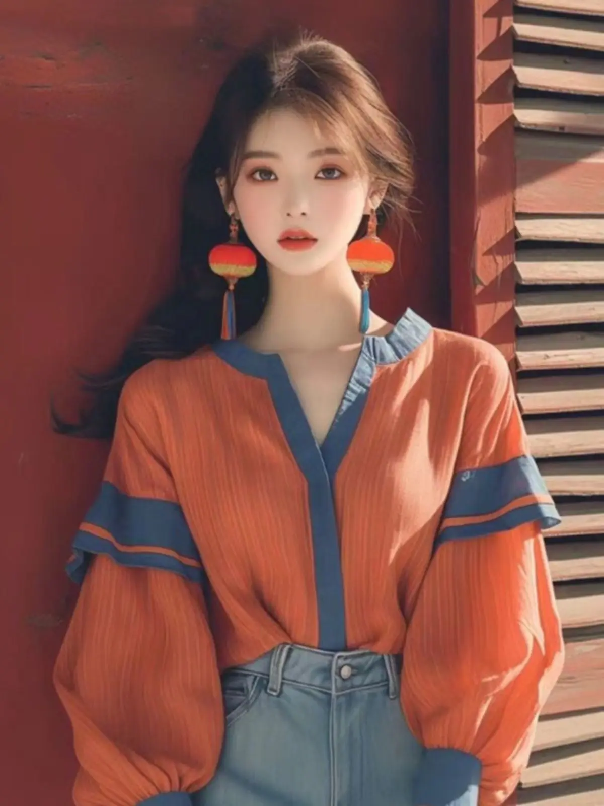 Early Autumn New Sle Loose Fit Orange Splice Lantern Sve irt Korean Sle Faionable Casual V Ne Long Sve irt