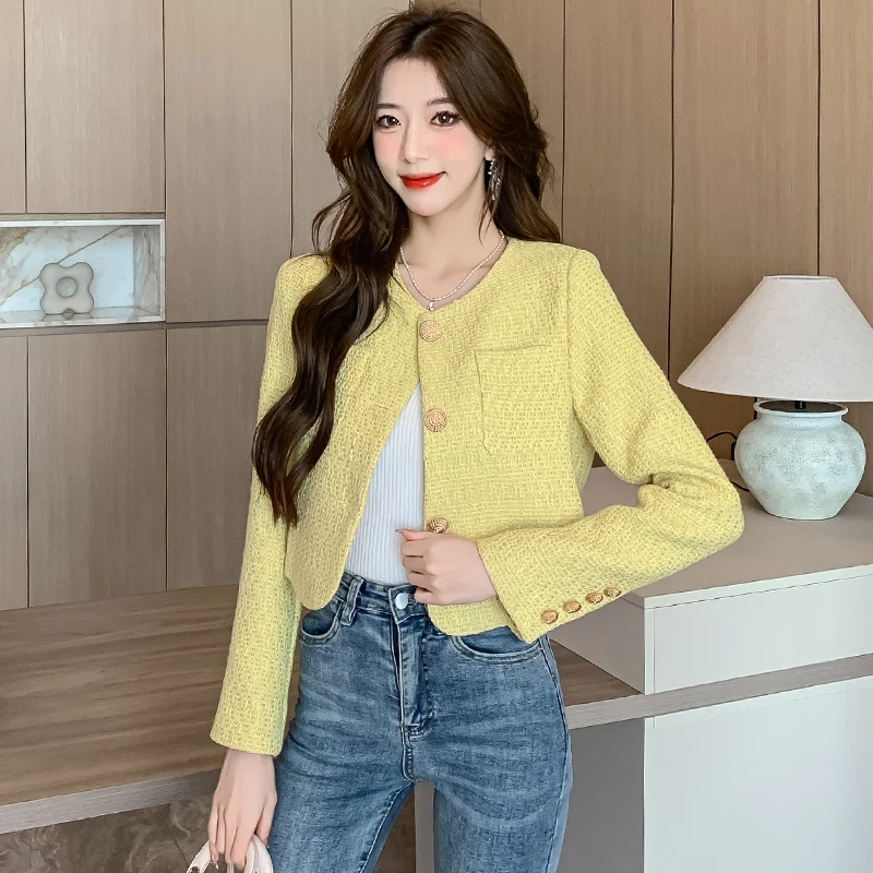 2024 New Spring Autumn Women Single Breasted Slim Short Jacket High Quality Fashion Light Yellow tweed Jacket Casual Outwear