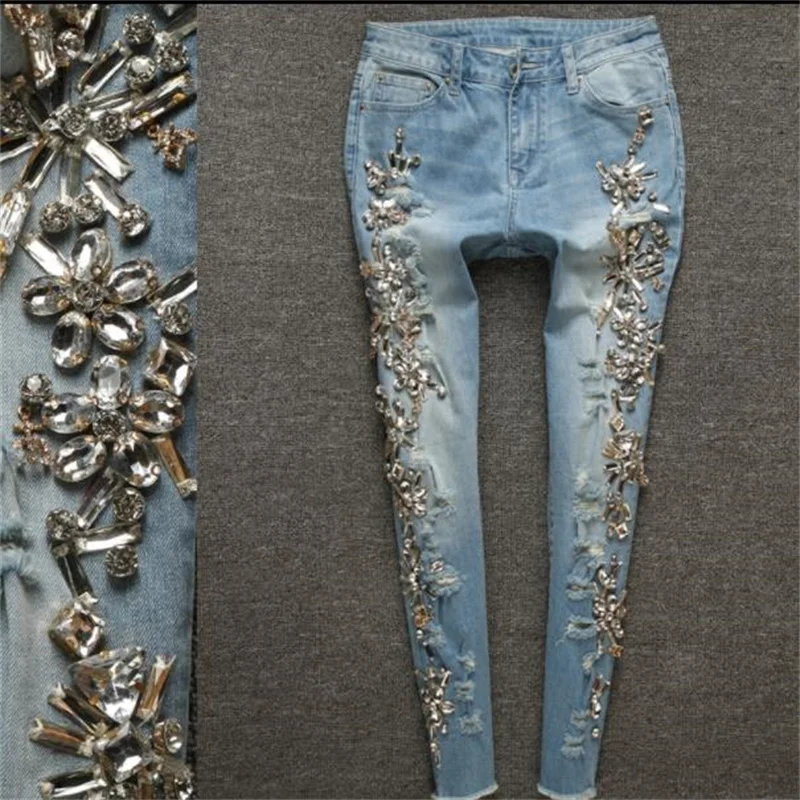 Women Rhinestones Diamond Denim Jeans Skinny Stretch Pencil Slim Vintage Casual Pants