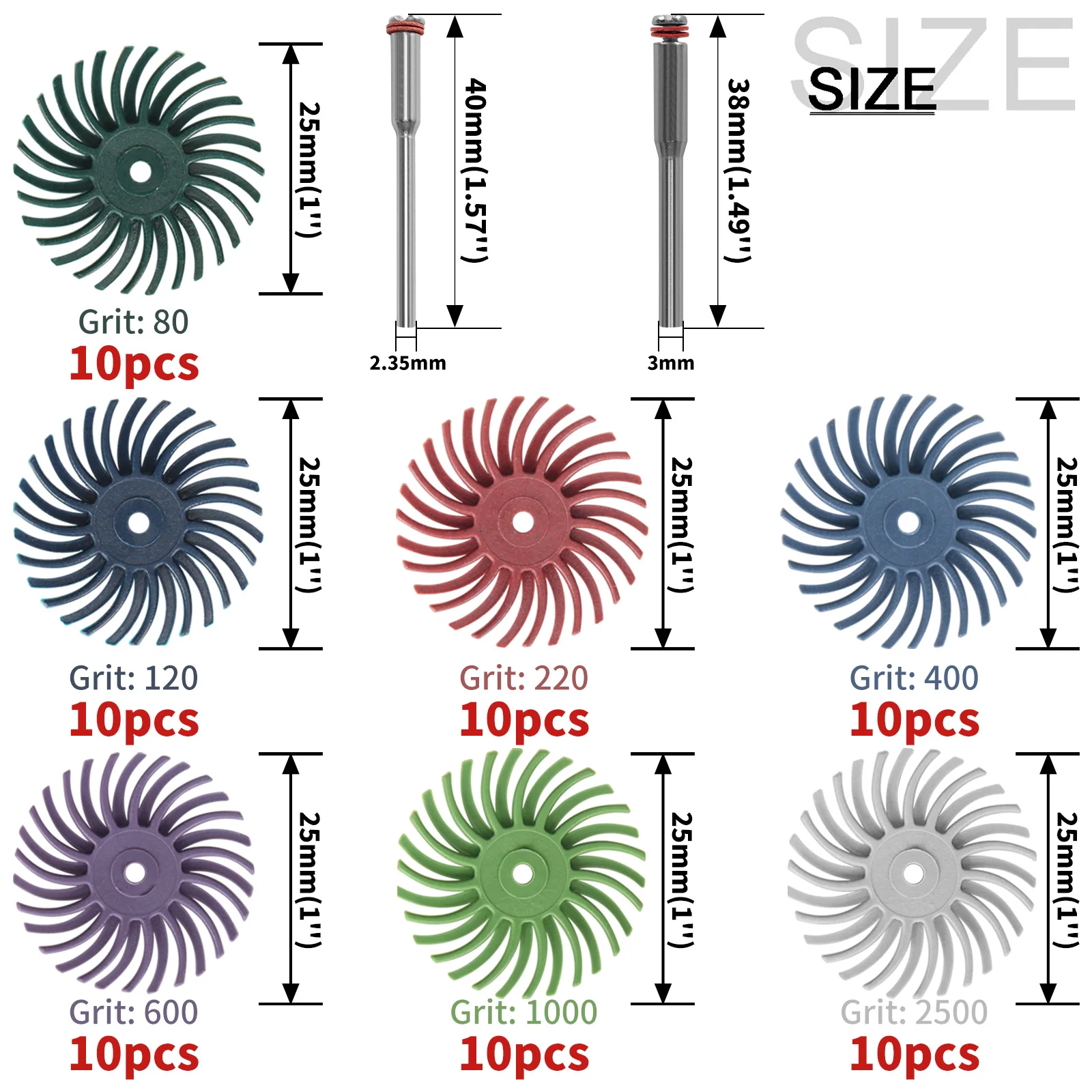 Zestaw dysków szczotkowych promieniowych 48/76 szt. 1 cal (25 mm) 50 mm do szlifowania biżuterii, akcesoria do narzędzi obrotowych Dremel z trzpieniem 3 mm/2,35 mm