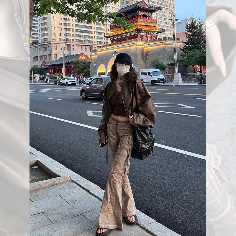 Jaet en cuir marron rétro américain pour femme, manteau d'automne et d'hiver, petite taille, moto Jaet Fraance Sle