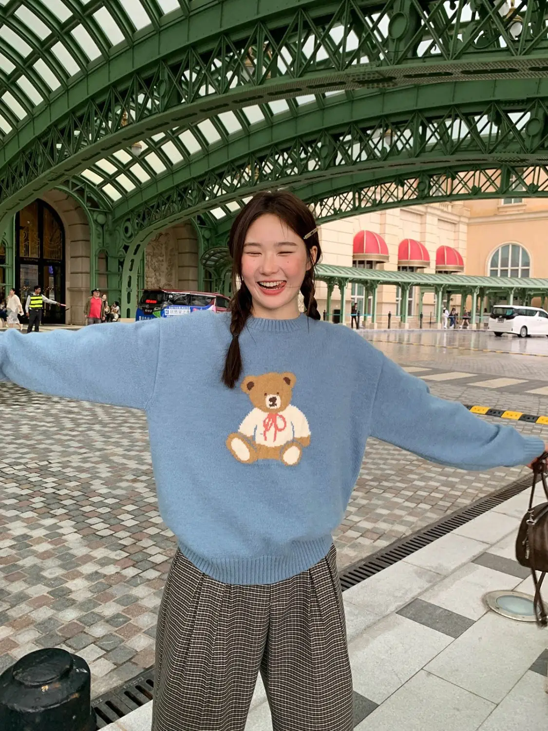 Harajuku Bogen Knoten Bär Nette Cartoon Stickerei Pullover Süße Lolita Mädchen Winter Gestrickte Jumper Y2K Tops Koreanische Pullover Lose