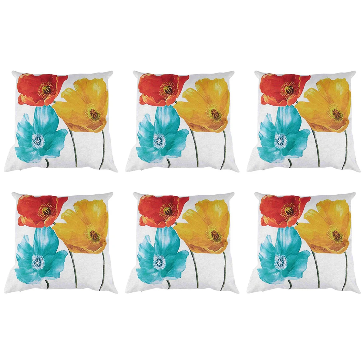 

6X Flax Square Throw Pillow Case Cushion Cover Enchanting Tricolor Poppy Flowers Gift Anniversary Day Present