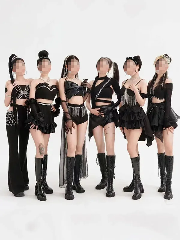 

Black Team Dance Team Stage Outfit Women's Group Practice Room KPOP Performance Suit Ensemble Black Drill Polyester Ensemble