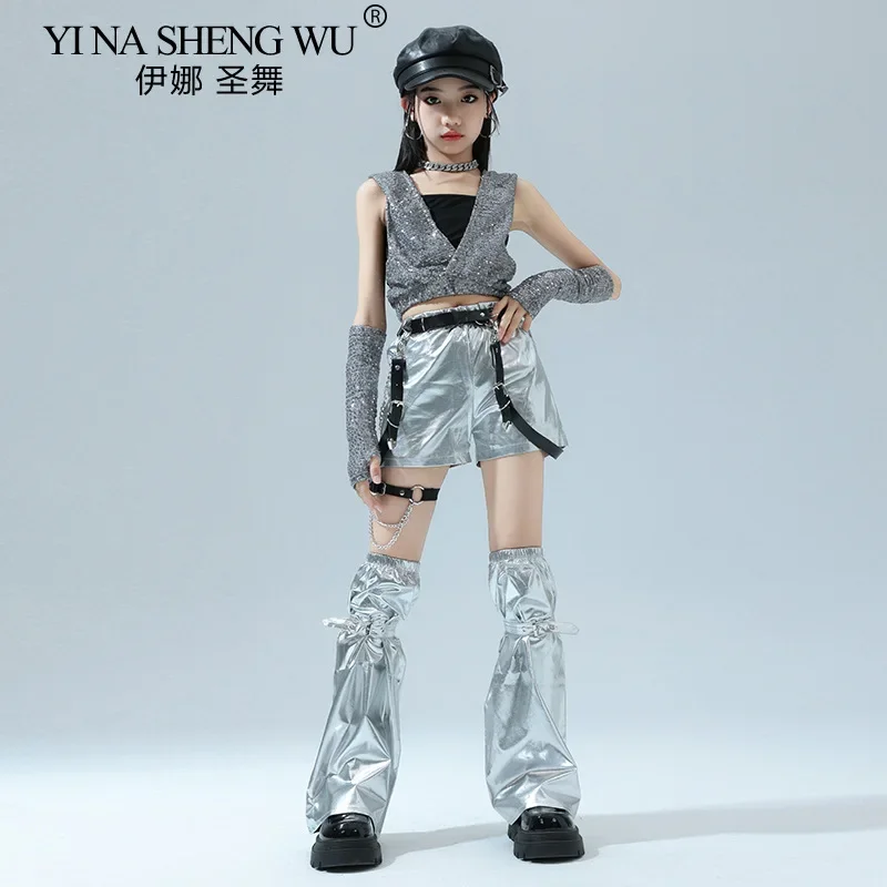 

Толстовка с блестками для девочек Kpop и кожаные брюки-карго, комплект детской танцевальной одежды в стиле хип-хоп, уличная модная одежда, детский наряд из двух предметов