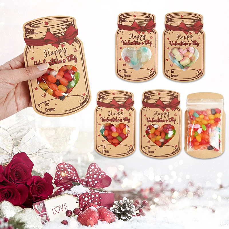 4set Happy Valentine's Day Candy Bags Drift Bottle Greeting Card Wedding Party DIY Chocolate Chip Cookie Packaging decoration