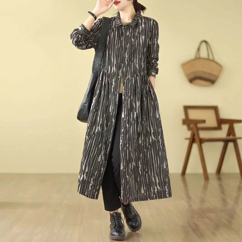 

Cotton Autumn Outfit 2023 New Loose Fitting Long Windbreaker Stripe Print Large Size Shirt Dress For Women Lace Up Robe Z3273