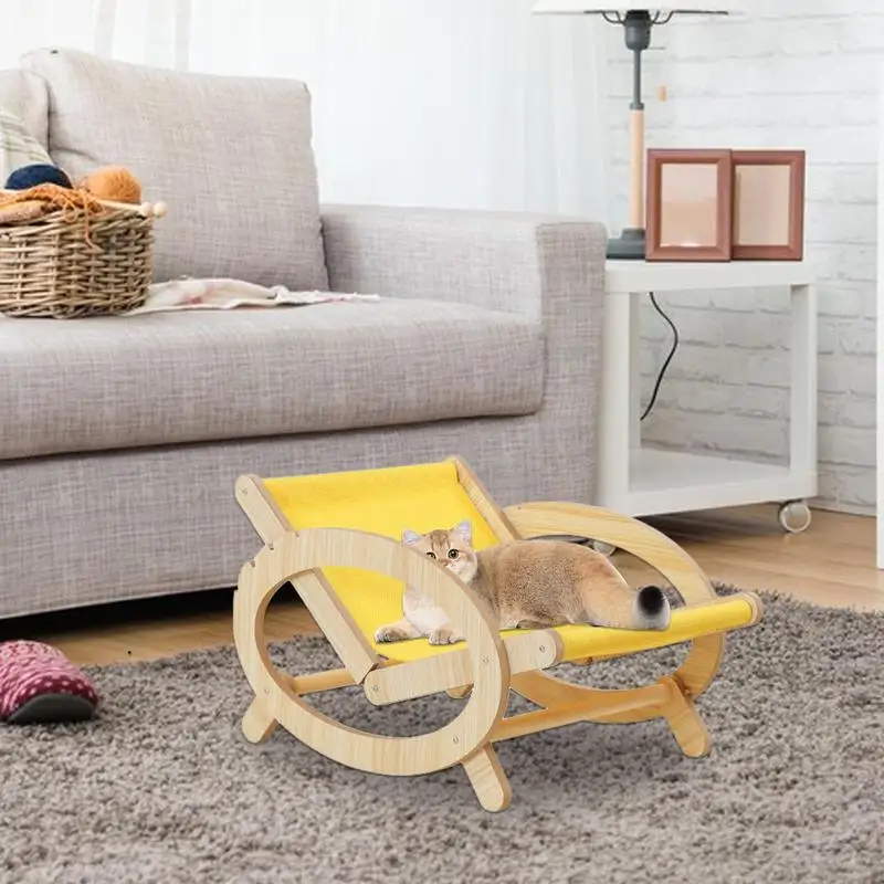 Cat Scratcher Beach Chair Adjustable Cat Rocking Chair Stool With Canvas Cover Wood Elevated Dog Bed Hammock Scratch-Resistant