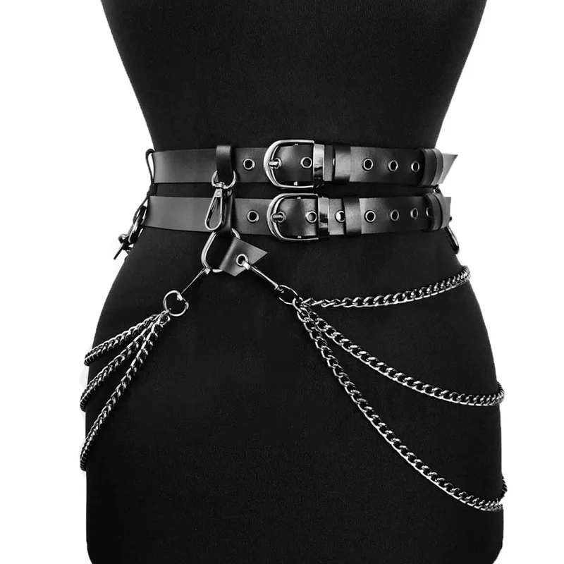 Punk Gothic Black PU Leather Chain Tassel Waist Harness For Women Adjustable Street Decor For Daily Club Rave Party Festival Out