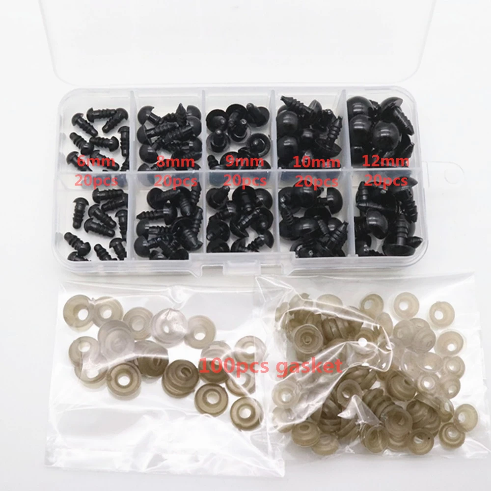 100 Stück 6-12mm Schwarze Kunststoff-Sicherheitsaugen für Teddybären, Plüschtiere, Puppen, Amigurumi DIY-Zubehör, Mehrfarbige Augen