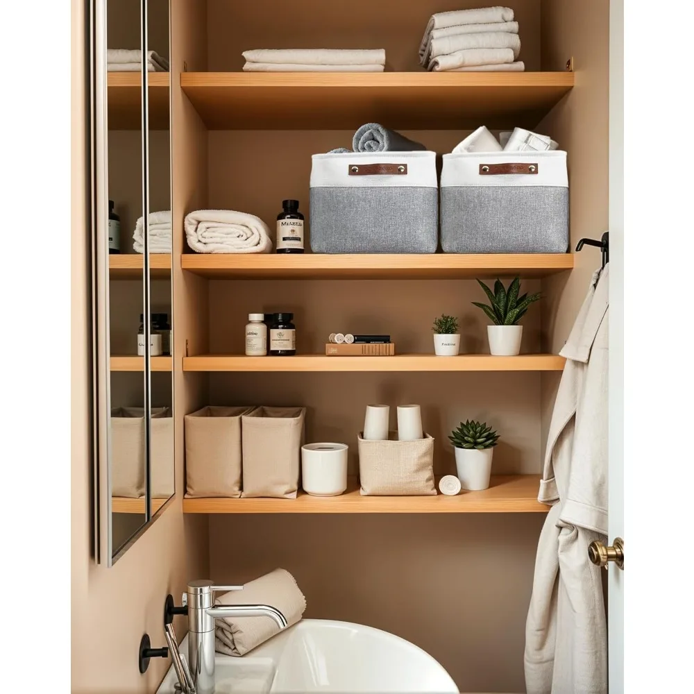 صناديق تخزين سلال تخزين قماشية للأرفف، ألعاب تنظيم خزانة الكتان (رمادي وأبيض، كبير - 3 عبوات)