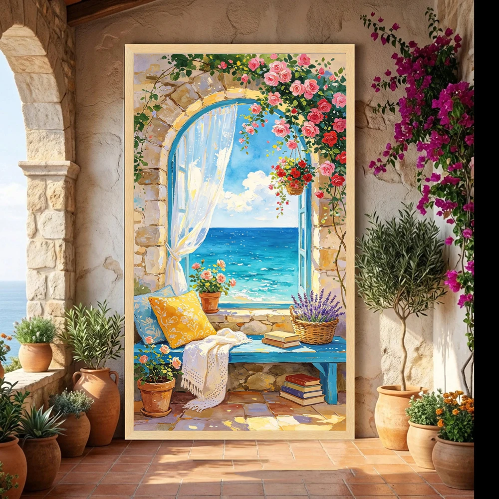 It depicts a balcony view full of Mediterranean style, Modern Home Living Room, Bedroom Decor, Wall arts, In door posters, No Fr