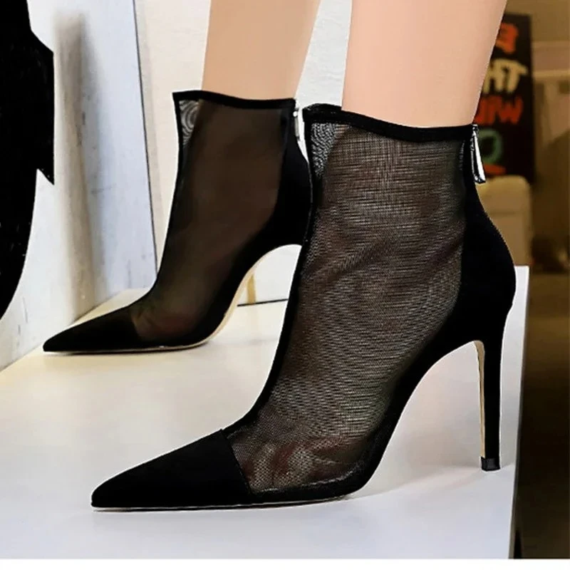 

Aneikeh/пикантные женские ботинки в сетку, туфли-лодочки ANKLE, модная летняя вентиляция 2026, однотонная женская обувь на тонком каблуке 9,5 см с острым носком и молнией