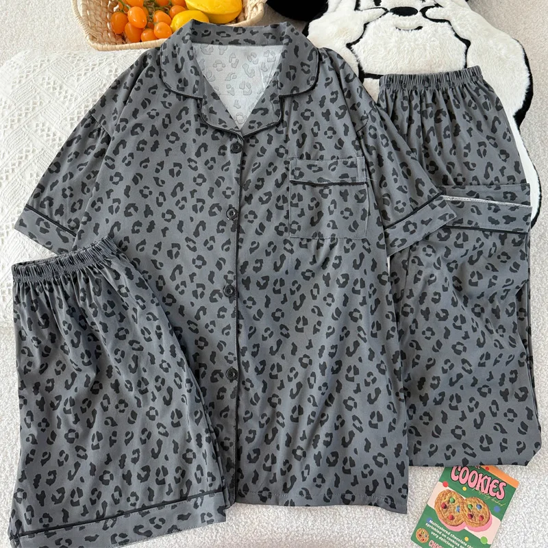 

Three-Piece Woman Pajamas Set Leopard Print Spring Summer Sleepwear Pyjama Short Sleeve Pants Homewear Pijama Mujer Loungewear