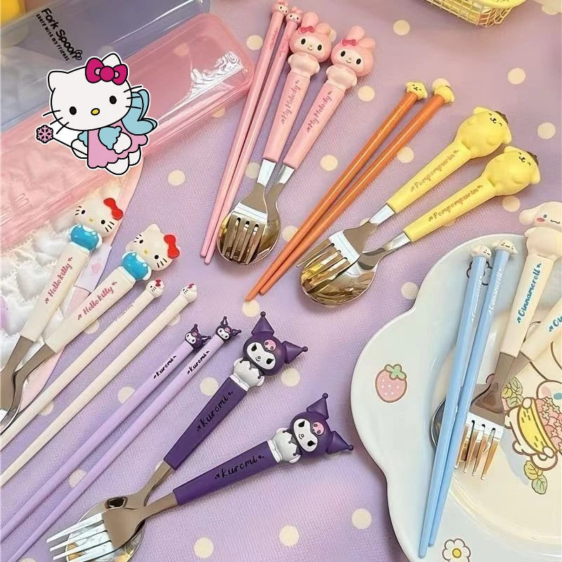 

Sanrio Hello Kitty Chopsticks and Spoon Tableware Cinnamoroll Kuromi Travel Flatware with Box Anime Kitchen Fruit Tool Cutlery