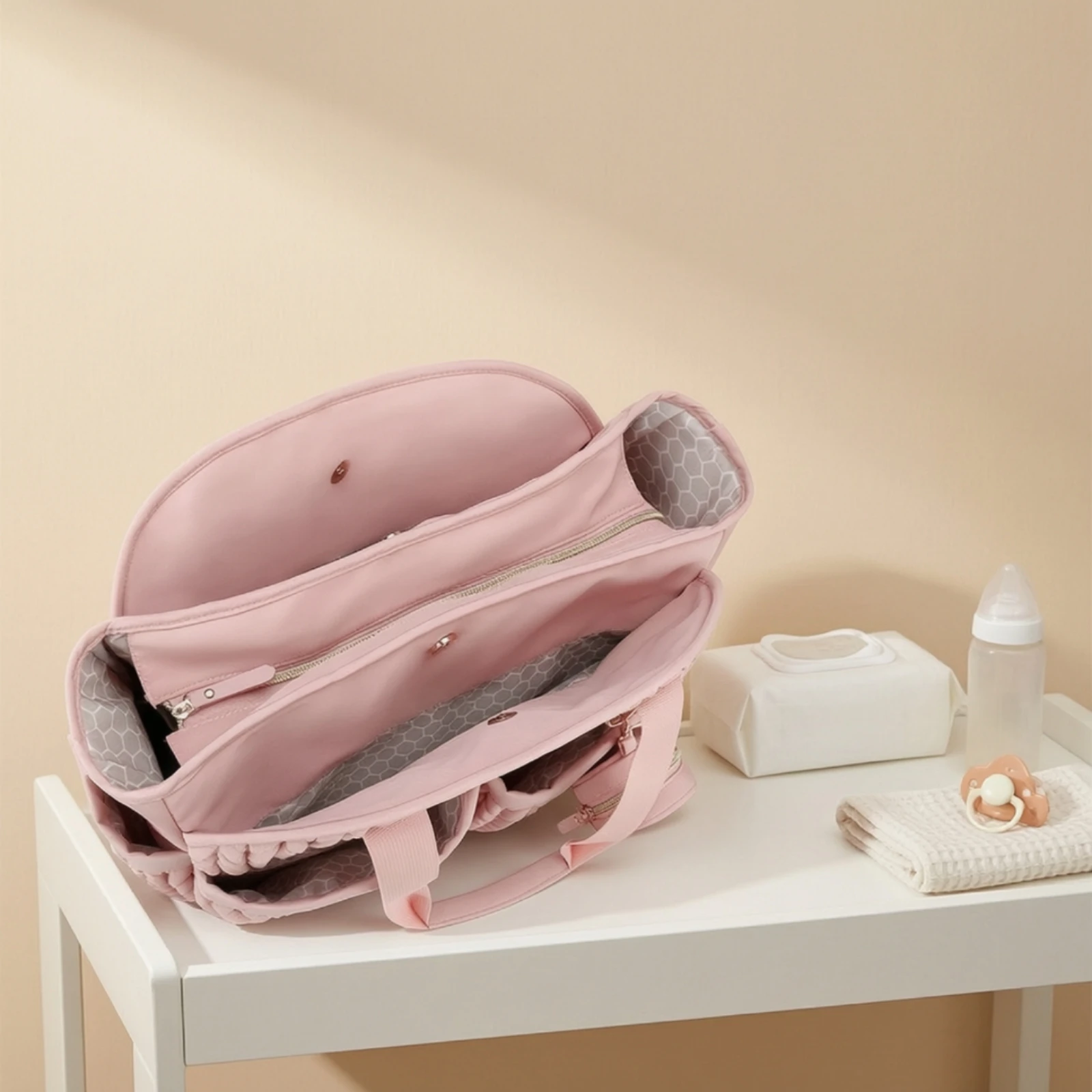 Diaper Bag with Pouch Quilted Diaper Bag Detachable Strap Water-Resistant for Moms, Baby Outings, Travel