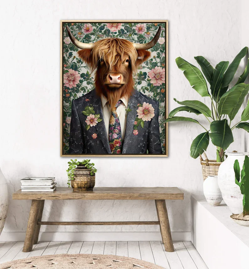 Vintage Classic Flower Animals in Suit Portrait Highland Cow Bunny Monkey Poster Wall Art Pictures Canvas Painting Home Decor