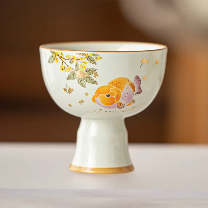 

Ceramic Teacup Hand-painted Osmanthus Goldfish High Foot Cup Chinese Kung Fu Teaware Set Master Cups Retro Vintage Tea Bowls