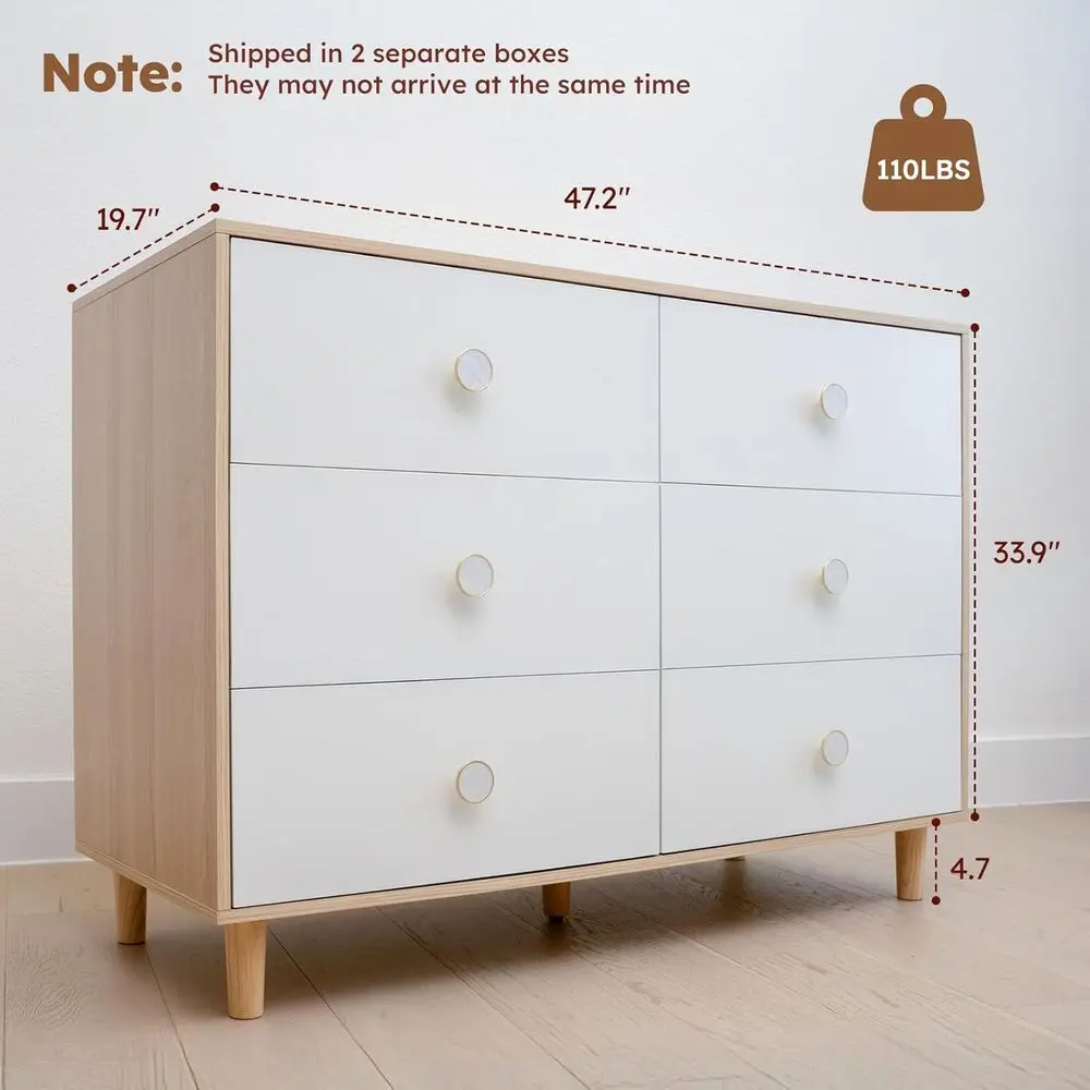 White Drer or Bedroom, 6 Der Drers with Solid Wood Legs, Baby Drer or Kids, Storage or Clothes and Baby entials