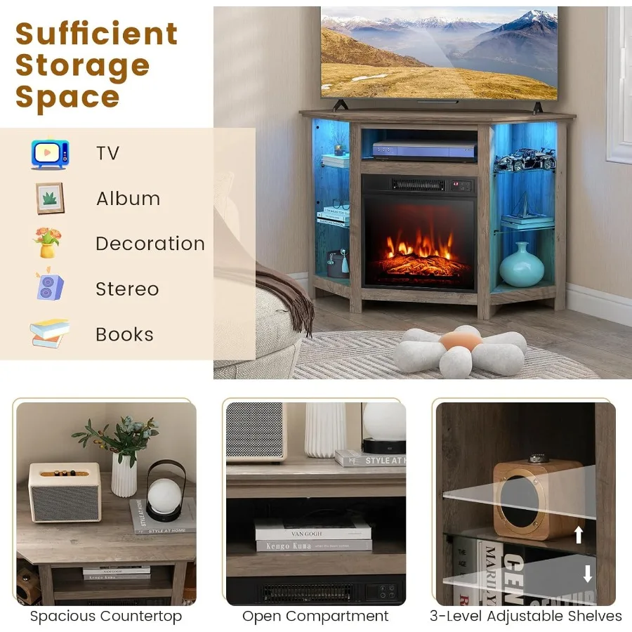 Perapian Listrik Modern dengan Rak TV Sudut, Lampu LED 16 Warna, 3 Tingkat Kecerahan, Kontrol Remote dan Aplikasi