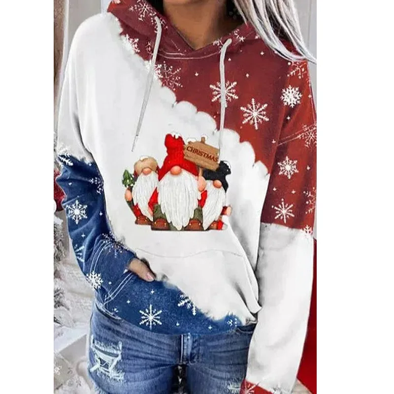 

305182European and American Hot-Selling Winter Pocket Hooded Sweatshirt Santa Claus Print Plus Size Long Sleeve Top for Women wi
