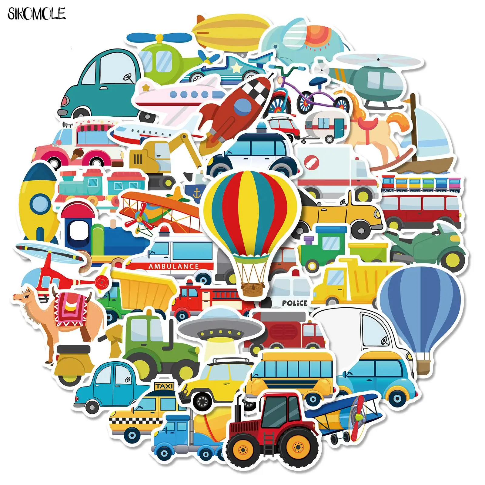 10/30/50PCS Cartoon Vehicle Stickers Kawaii Hot Air Balloon DIY Kid Puzzle Toys Car Plane Ship Laptop Decals Graffiti Sticker F5