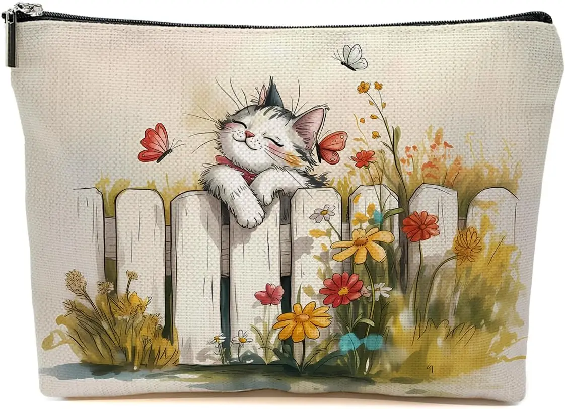 

Cat Gifts for Women Bookshelf Makeup Bag Cats Floral Themed Cosmetic Bags Travel Organizer Bag Zipper Pouch Birthday Gift