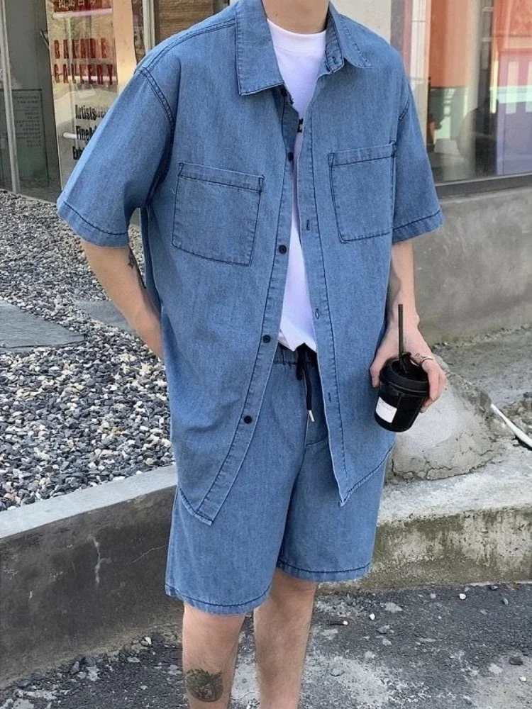 

Work Clothes Men's Shorts Set Japanese Stretch 2025 Trend Elastic Two Piece Korean Style Quarter Sleeve Male Shirts Short Sets