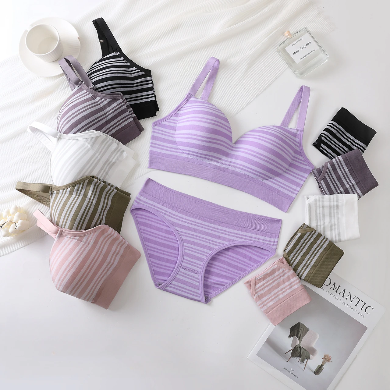 Women Seamless Bra Panties Underwear Set V-Neck Striped Seamless Lingerie Panty and Bra Set 2Pcs Intimate Female Bralette S-XXXL