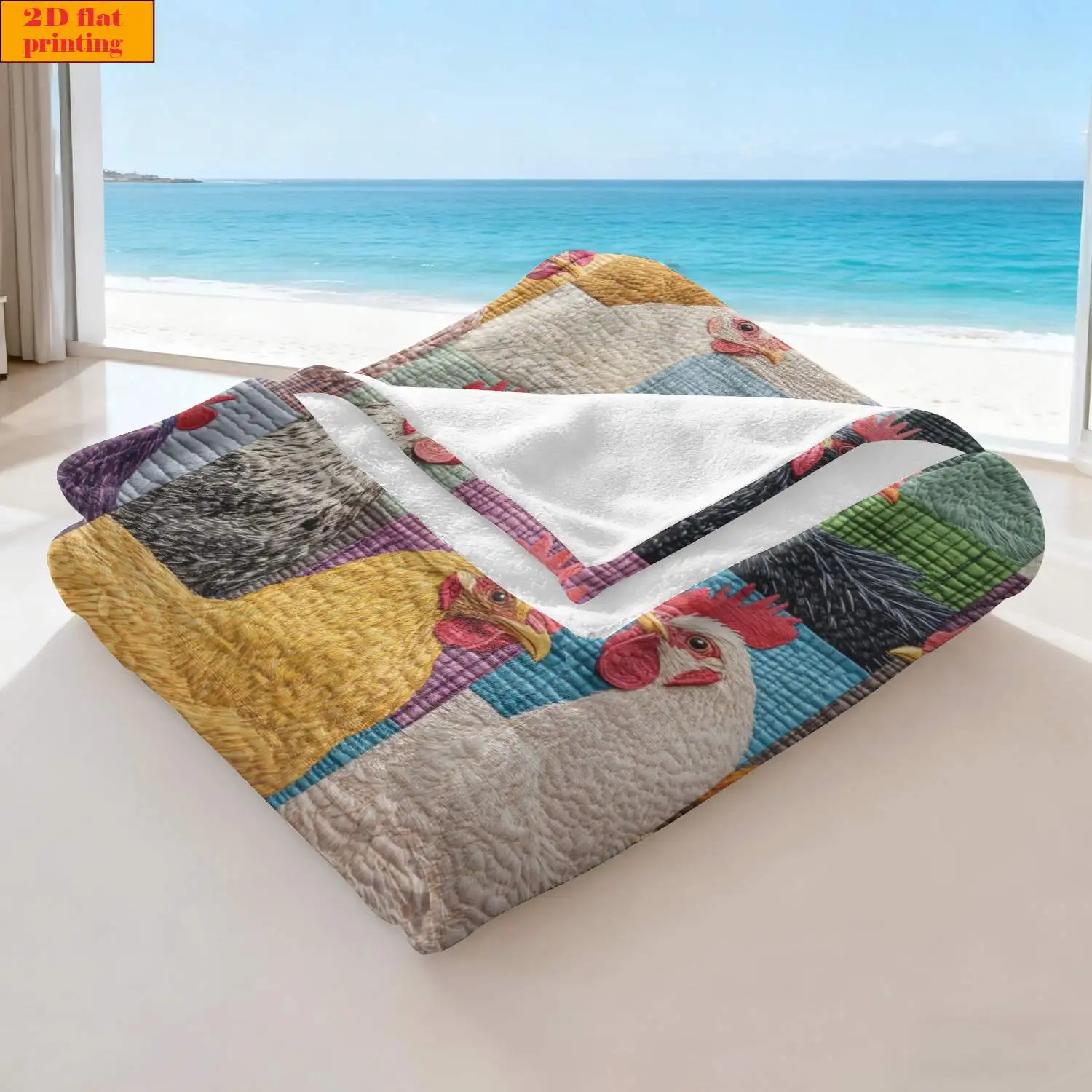 Bright Mixed Color Chicken Head Patchwork Quilt Grid Rustic Farm Fluffy Blanket Soft Warm Cover For Couch Office Picnic Country