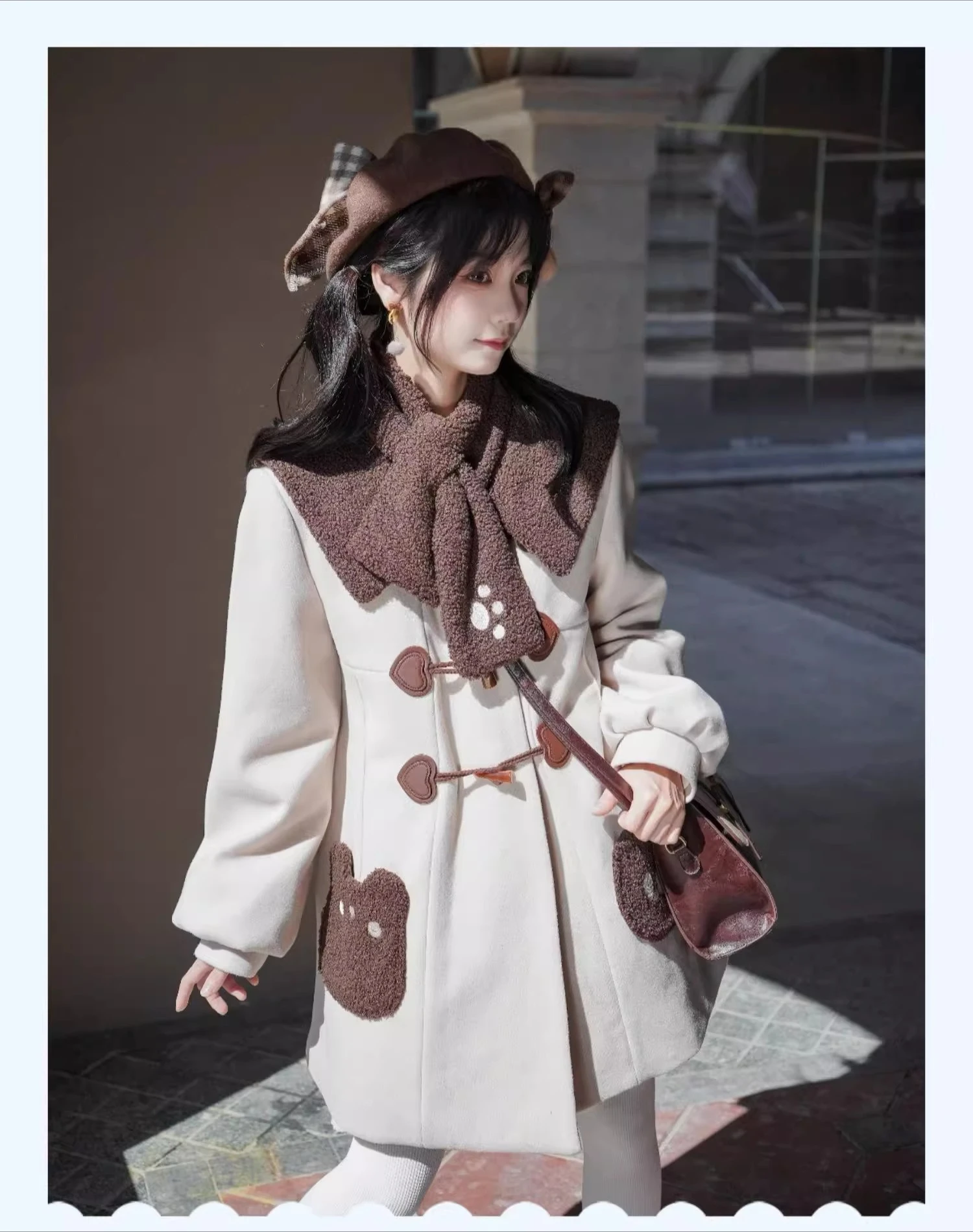 2025 Autumn Winter New Off-White Horn Button Coat Japanese Cute College Style Woolen Jacket Brown Cake Short Skirt