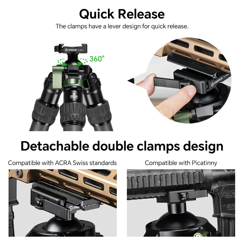 FANAUE Carbon Fiber Hunting Tripod for Rifle With Quick Release Clamp Compatibility Arca Swiss/RRS Dovetail/Picatinny