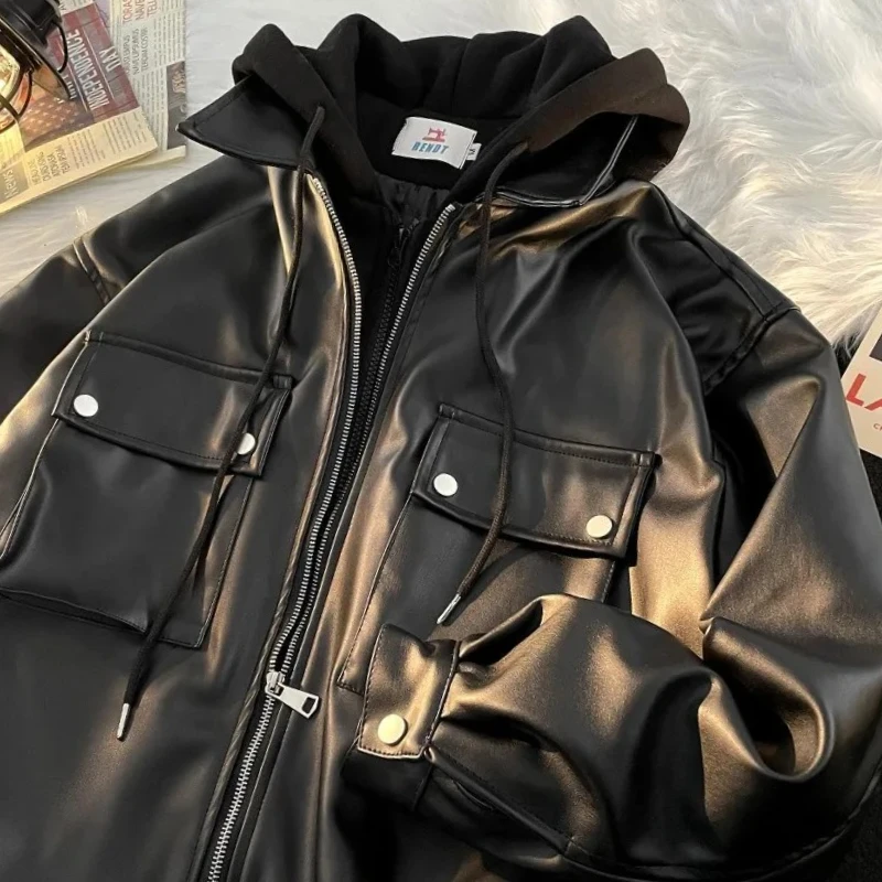 

Men's Streetwear PU Leather Biker Coat Oversized Layered Jacket Autumn Spring High Fashion Punk Style