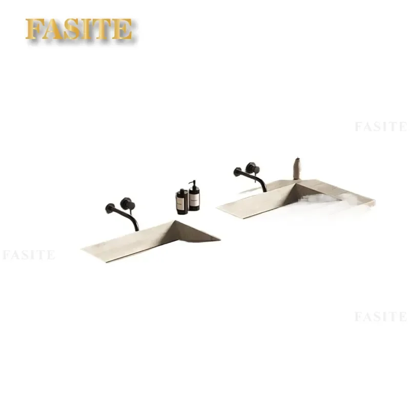 For Bathroom Minimalist Integrated Seamless Travertine Rock Slab Cabinet Double Basin Sink Hotel Vanity Washbasin Combo