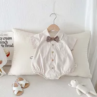 Korean-style summer baby solid color lapel shirt jumpsuit, male baby handsome bow tie single-breasted jumpsuit, very suitable fo 5