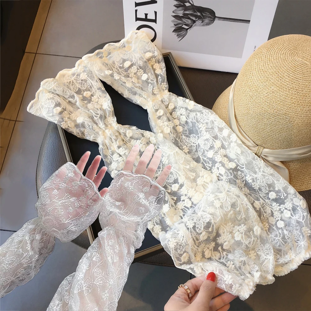 Summer Thin Lace Long Fingerless Gloves Women Sun Protection Arm Sleeves Lady Mesh Arm Cover Sunscreen Uv Breathable Mittens