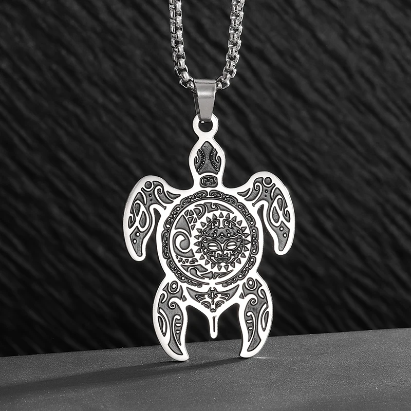 Stainless Steel Turtle Fish Animal Sun and Moon Totem Pendant Necklace Men's Punk Trend Hip-Hop Casual Jewelry