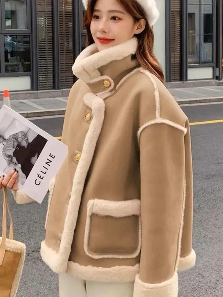 Winter Warm Plush Thicken Casaco Casual Classic Lamb Wool Lined Jacket  Overcoat Women Korean Chic Single Breasted New Coat 2023