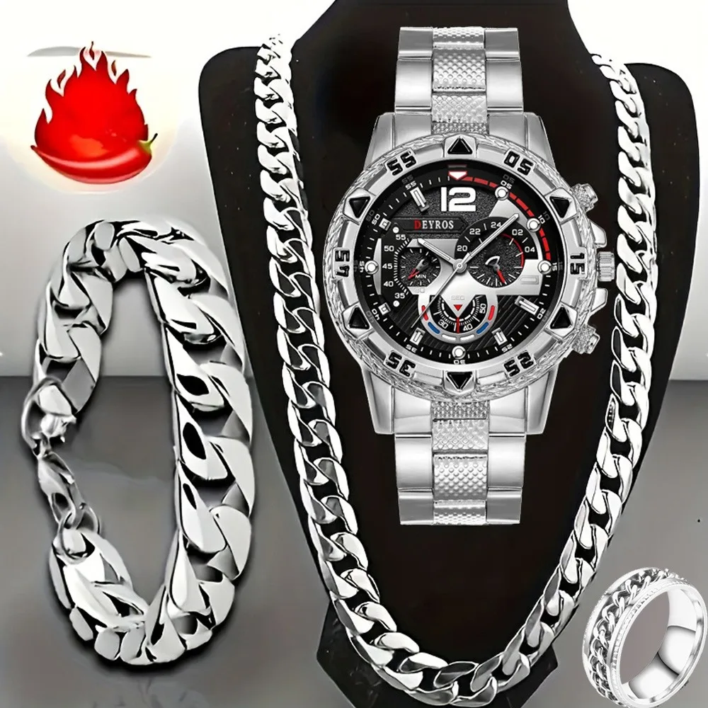 4pcs/set Luxury Men's Watch & Men's jewelry set - Men's Necklace, Bracelet, Ring, Men's Quartz Watch Set Casual Business Watch