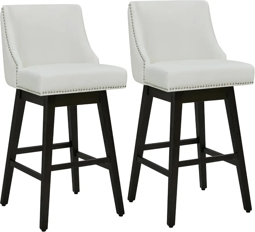 

Swivel Bar Stools Set of 2 FSC Certified 30" H Seat Height Upholstered Barstools Faux Leather in White SOLID BIRCH WOOD LEGS