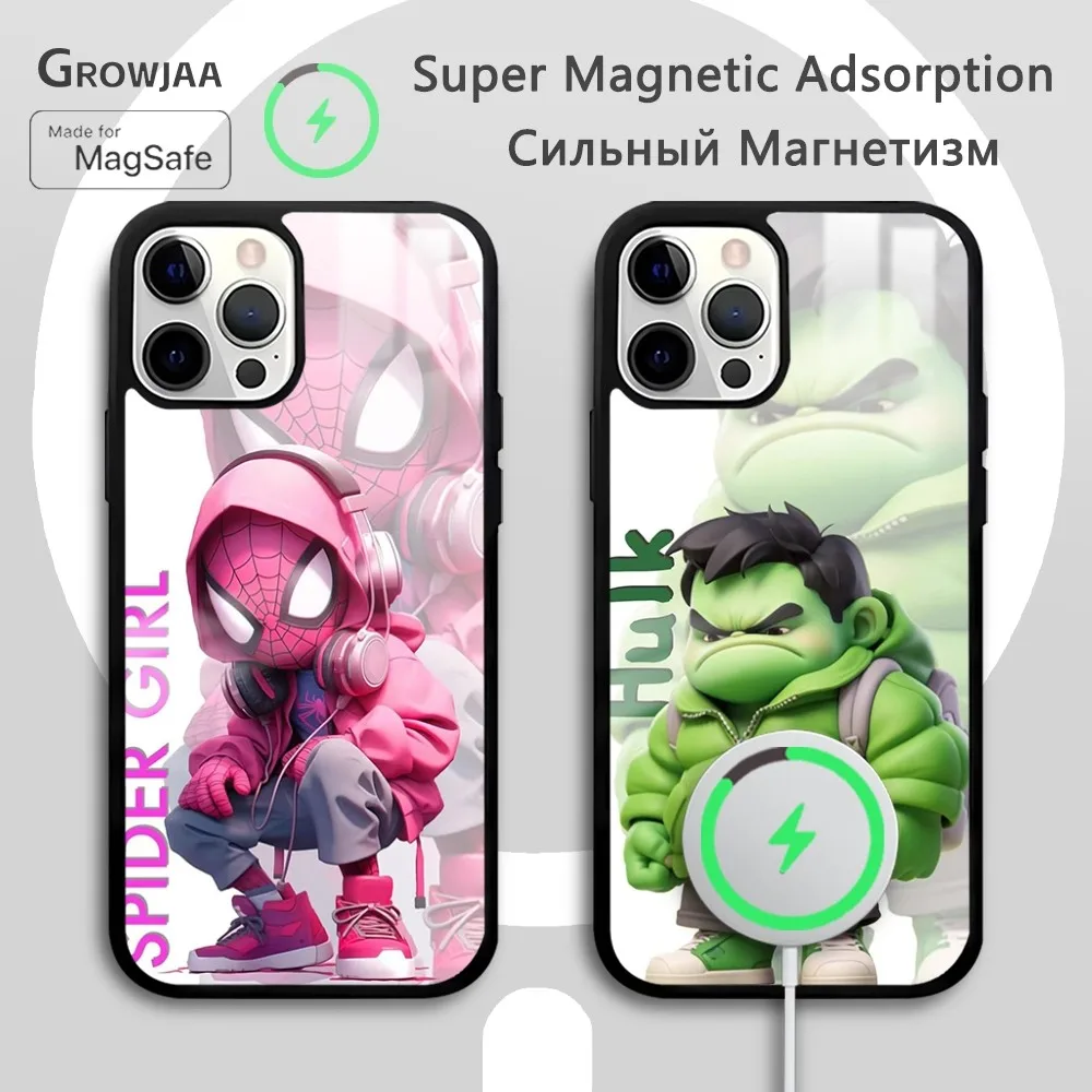 Cartoon  Spiderman Hulk Phone Case For iPhone 16 15 14 13 12 11 Pro Max Plus Mini New Magsafe Mirror Wireless Magnetic Fun