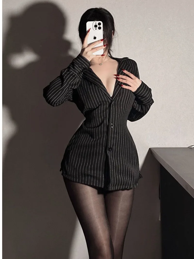 Abstinence Secretary Underwear Professional Striped Shirt Women\'s Long Black Pure Desire Waist Wearing High end Women dress 9ZF6