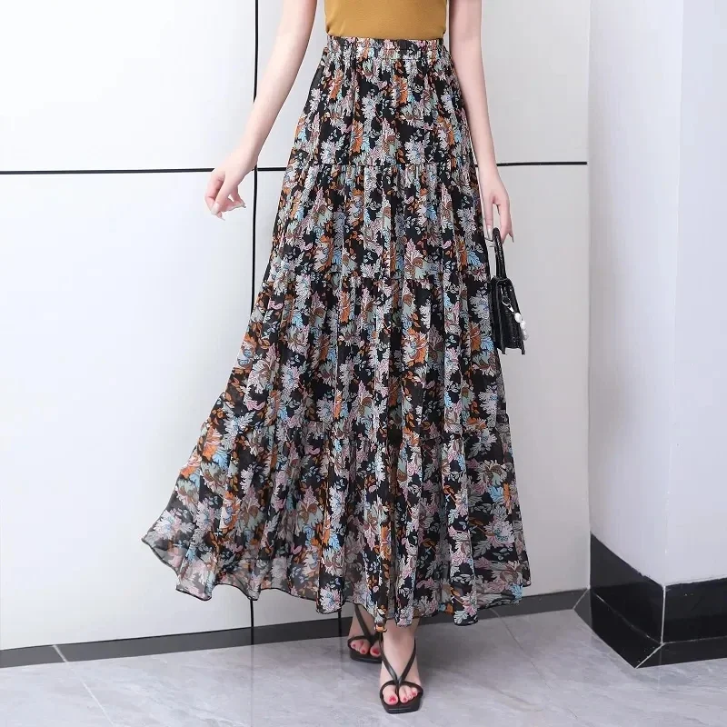 Spring Summer Floral A-line Maxi Long Chiffon Skirts Daisy Patchwork Bright Flowers Beach Casual Max Chiffon Skirts