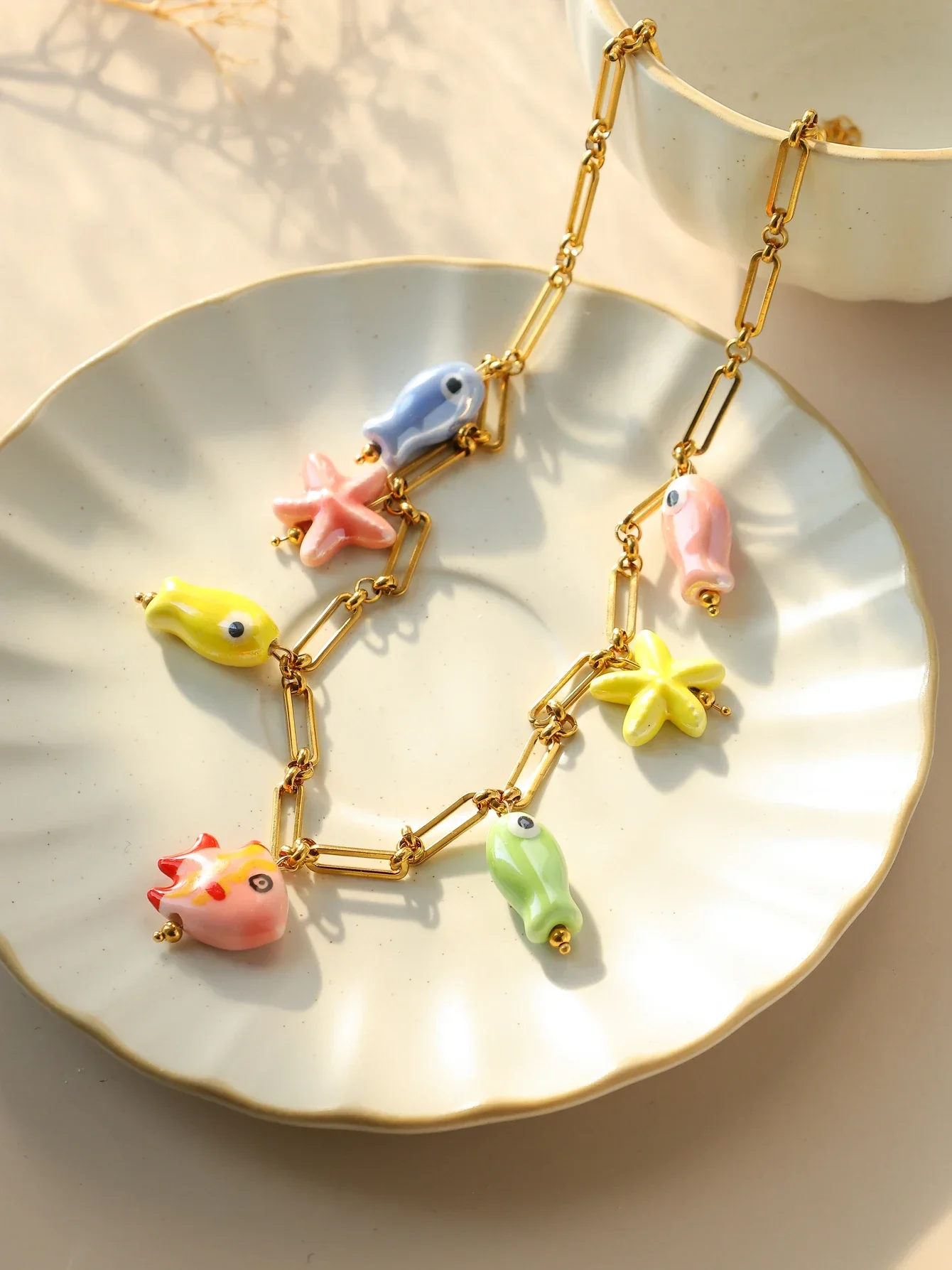 

Fashion Stainless Steel Ceramic Starfish Fish Necklace for Women Girls Summer Beach Party Waterproof Popular Cute Jewelry