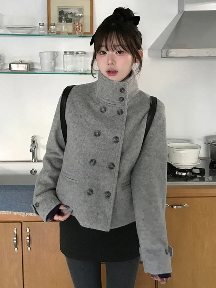 معطف نسائي من تويد جايت بلون نقي من College Sle معطف شتوي مزدوج الصدر مقاس صغير ملابس تريكو غير رسمية #3