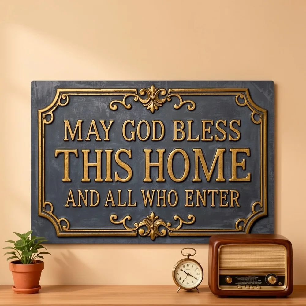 CIFBUY Modern 2D Bless My Home Iron Wall Art Waterproof Durable Metal Sign Decor for Porch Patio Living Room Backyard