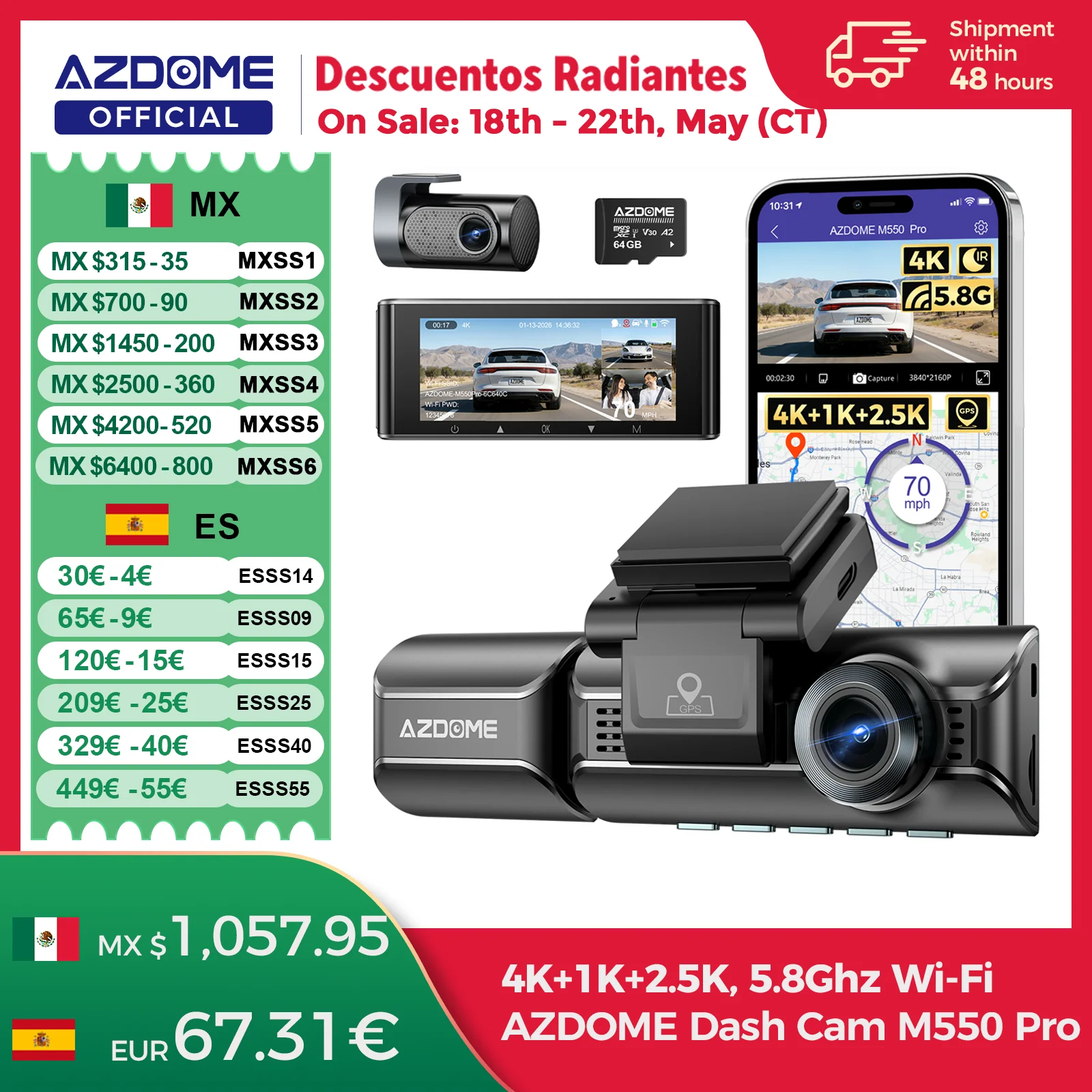 Actualización AZDOME M550 Pro Dash Cam 4K Dashcam frontal Auto 5,8 Ghz Wi-Fi GPS G-sensor coche DVR 6 IR visión nocturna Monitor de estacionamiento