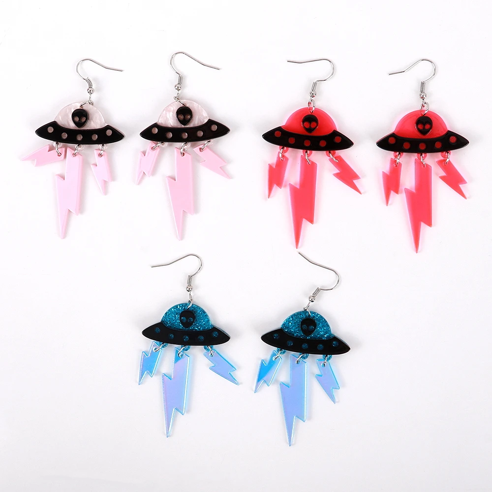 Funny Alien Lightning Tassel Acrylic Women\'s Earrings Cute Colorful UFO Spaceship Dangle Pendant Earring 2023 Jewelry Gifts