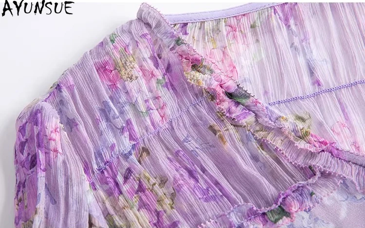 AYUNSUE 100% Natural Mulberry Silk Elegant Womens Dresses Long Dress for Women Clothes Floral Summer Dress Vestidos De Fiesta